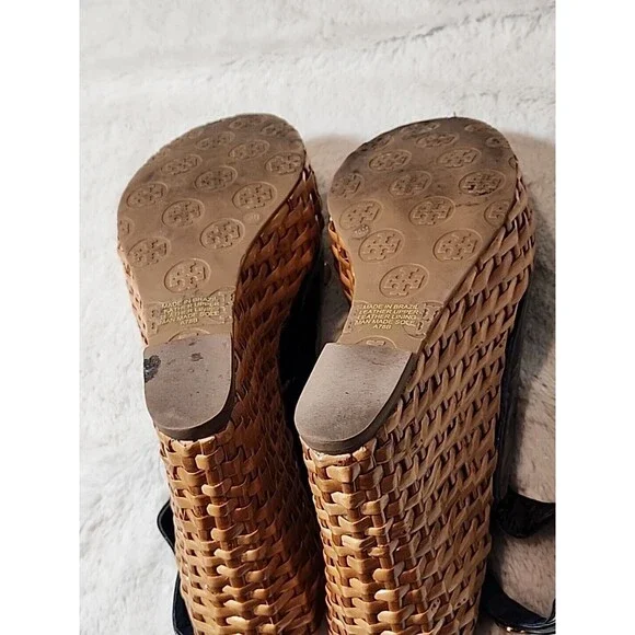 Tory Burch Navy Blue Patent Rope Bow Wedge Slingback Peep Toe Sandals Womens 10 - Picture 10 of 11